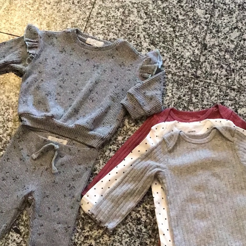Grey Outfit and 3 long sleeves onesies